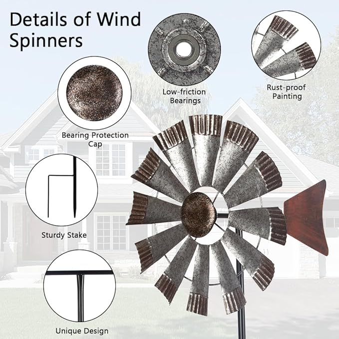 Wind Spinners Outdoor,Metal Vintage Style Single Sided Silver Windmill Kinetic Wind Spinner for Outdoor Garden Patio Yard Decor,Diameter 13 Inches