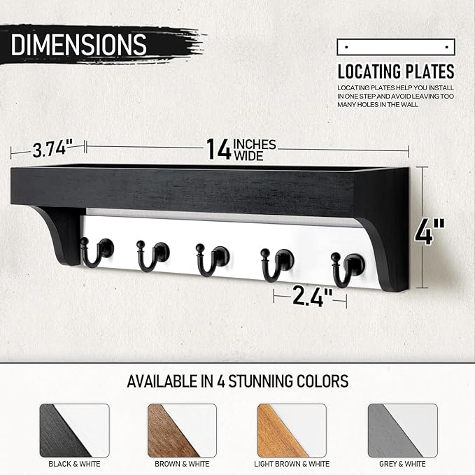 Rebee Vision Key Holder Wall Mount with Shelf - Decorative 2-Color Key Rack with 5 Rustic Key Hooks and Primitive Wood Mail Organizer Wall Mount - Modern Farmhouse Entryway Decor (Black & White)