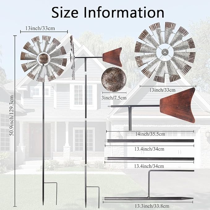Wind Spinners Outdoor,Metal Vintage Style Single Sided Silver Windmill Kinetic Wind Spinner for Outdoor Garden Patio Yard Decor,Diameter 13 Inches