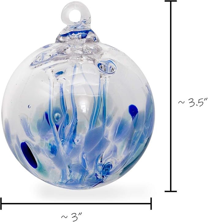Luke Adams Glass | 3" Mini Glass Tree of Life | Handmade Ornament | Hanging Garden Gazing Ball | Indoor Outdoor Home Décor | (Blue)