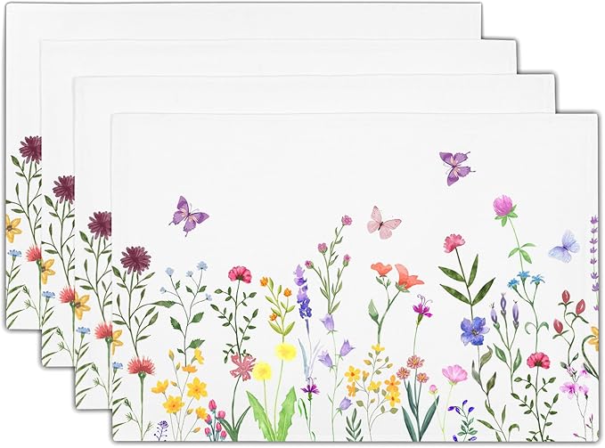 Spring Summer Floral Placemats Set of 4 Spring Easter Wild Flower Butterfly Washable Non-Slip Heat Resistant Place Mats 12x18 Inch Linen Table Mats for Kitchen Dining Party Decor