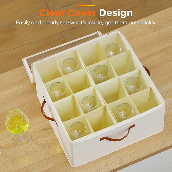 Wine Glass Storage Box with Dividers, 2 Pack Glassware Storage Containers, Stemware Storage Cases Holds 32 Wine Glasses, Stackable Crystal Storage Containers with Clear Cover for Moving,Beige