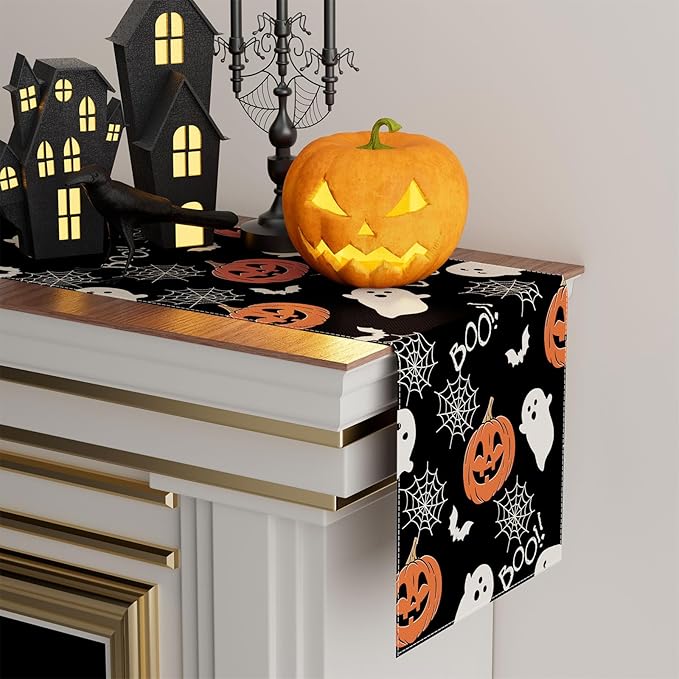 XCHI Boo Spooky Ghost Pumpkin Halloween Table Runner Burlap Table Decoration for Home Kitchen Dining Dinner Indoor Holiday Farmhouse Decor 13x48 Inch