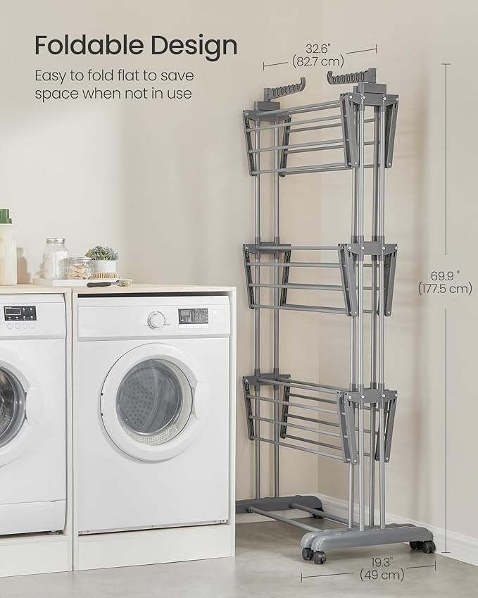 SONGMICS Clothes Drying Rack 4-Tier, Foldable Laundry Drying Rack 69.9-Inch Tall, Extendable Rods, Stainless Steel, Rolling Clothes Horses, Clothes Airer, Indoor Outdoor Use, Dove Gray ULLR704G01