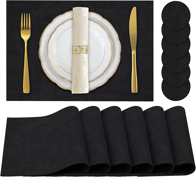 Faux Leather Placemats Set of 6,Heat Resistant Placemats for Dining Table, Easy Clean Non-Slip Place Mats, Waterproof Stain Resistant Wipeable Washable PU Table Mats, (Black)