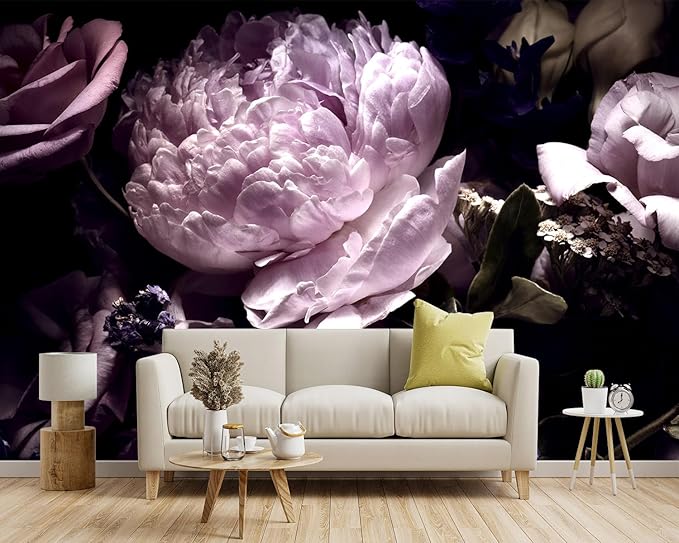 '-Black Peony Purple Floral Botanical Fabric Wallpaper Living Room Bedroom Bathroom Dark Flowers Large Wall Mural- 183"x120"( not Peel and Stick)