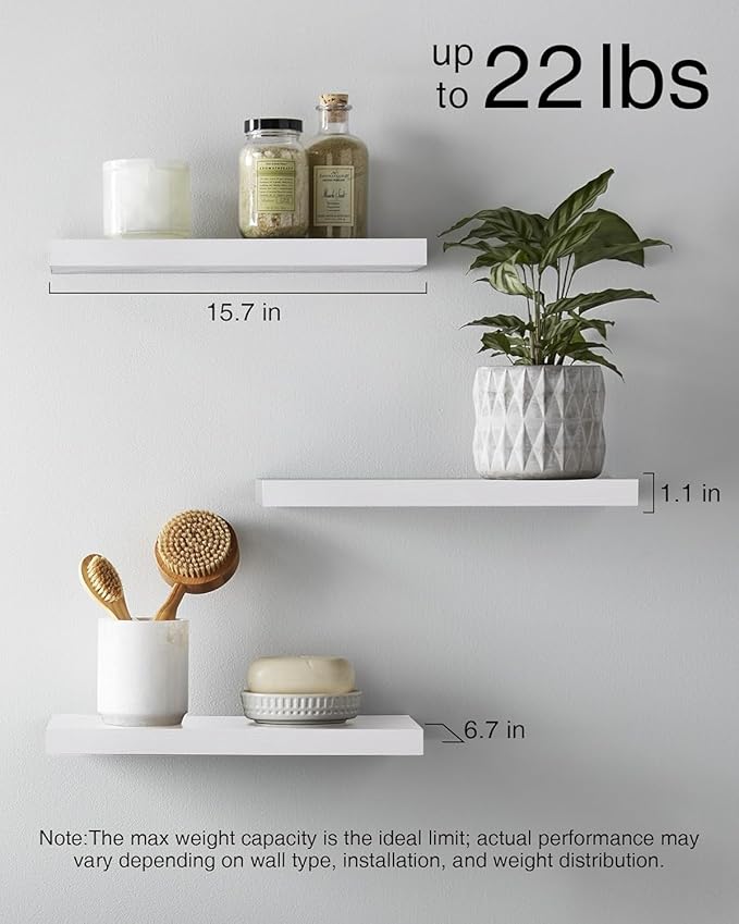 BAYKA Floating Shelves for Wall โ Rustic Wood Wall Shelves with Metal Brackets for Bathroom, Bedroom, Kitchen, or Living Room Decor โ White, Set of 3, Sturdy Storage with 22lb Capacity