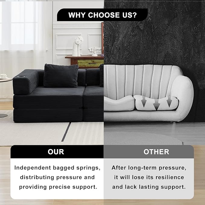 78" W Loveseat Sofa, 4 in 1 Convertible Floor Sofa Bed, Boneless Cloud Couch with Cup Holder, Fold Out Floor Couch, Loveseat Recliner Sleeper for Living Room Bedroom Lounge(Corduroy, White)