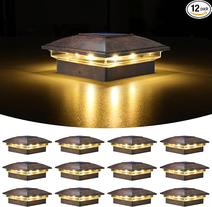 VOLISUN Solar Post Cap Light Outdoor 12pack,Solar Deck Fence - Post Lights Waterproof for 4x4 Wooden/4x4 Vinyl, with Warm White/Cool White for Garden/Patio/Porch