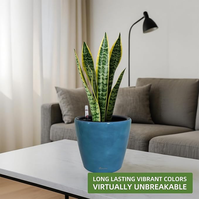Dexceder 9x8 Inches Self Watering Planter Indoor Outdoor, Inner Pot Design, Thickened Table Flower Plant Pot with Water Level Indicator (Peacock Blue Gradient)