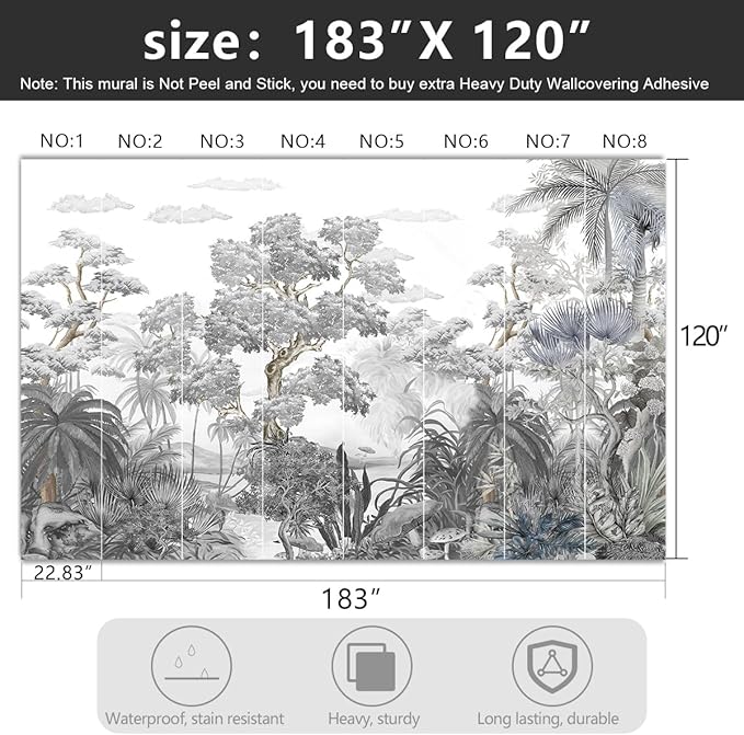 '-Tropical Rainforest Botanical Grey Jungle Forest Fabric Wallpaper Living Room Palm Leaf Plant Bedroom Bathroom Large Wall Mural- 183"x120"( not Peel and Stick)