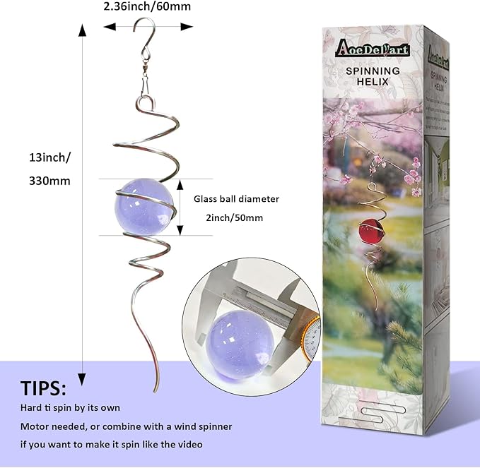 Gazing Ball Spiral Decorative Wind Spinner Sun Catcher 11inch Tail and 2 inch Glass Orb. Indoor Outdoor Garden Decoration Wind Sculptures-13 inch Height (Purple)