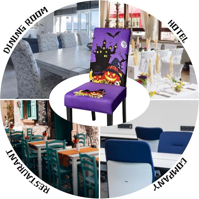 JQinHome Purple Halloween Chair Slipcover, Castle Chair Covers Set of 6, High Stretch Washable Chair Protector Cover for Dining Room, Kitchen,Home Party,Wedding Ceremony(Purple,6PC)