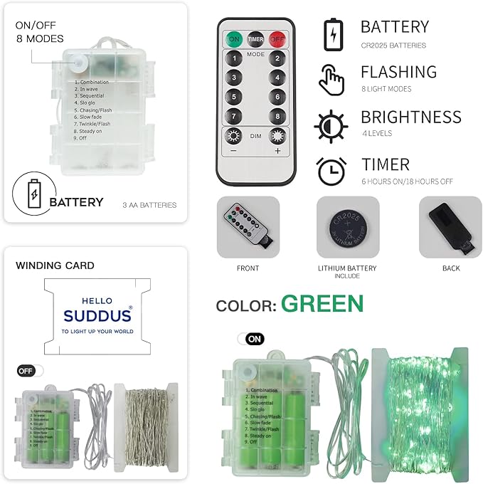 suddus Green Christmas Lights, 33ft 100 LED String Lights with Remote, Green Fairy Lights Battery Operated for Christmas, St Patricks Day, Bedroom, Wreath, Patio, Backyard, Garde, Party Decorations