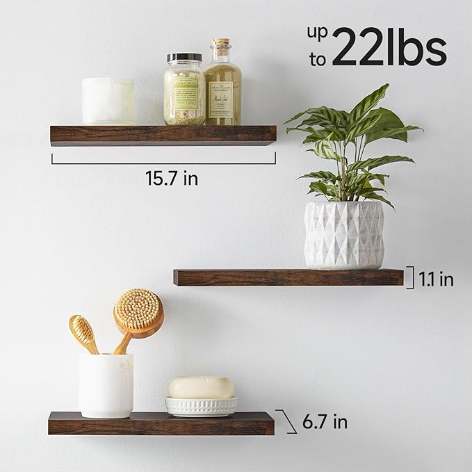 BAYKA Bathroom Floating Shelves for Wall โ Bathroom Shelf Over Toilet Farmhouse Rustic Wood for Bedroom, Kitchen, or Living Room Decor โ Rustic Brown, Set of 3, Sturdy Storage with 22lb Capacity