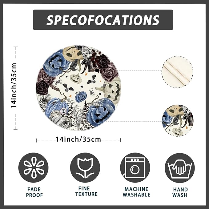 XCHI Spooky Blue Pumpkin Halloween Round Placemats Set of 4 Table Mats for Party Home Kitchen Dining Table Decorations 14x14 Inch