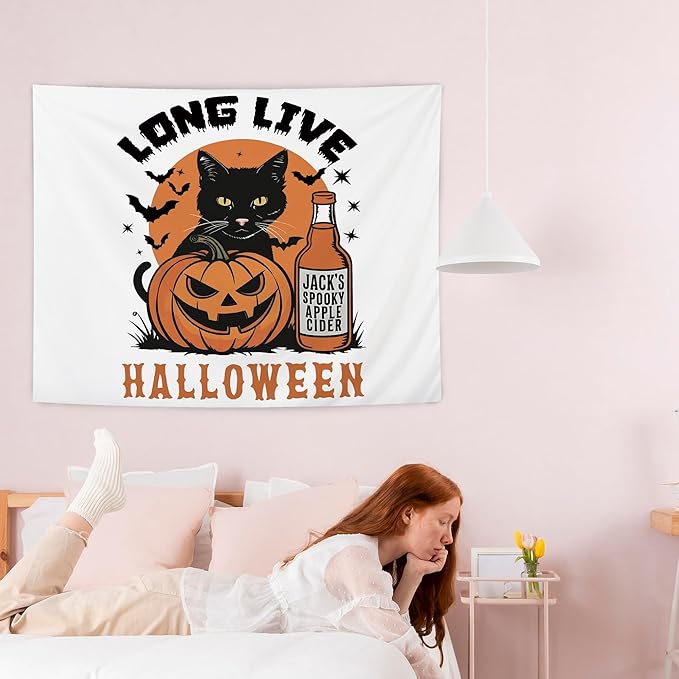 NATSUNO Halloween Tapestry, Long Live Halloween Wall Tapestry for Bedroom, Trendy Black Cat Pumpkin Apple Cider and Bats Tapestries Wall Hanging for Home Living Room Decor, 50x60 Inches