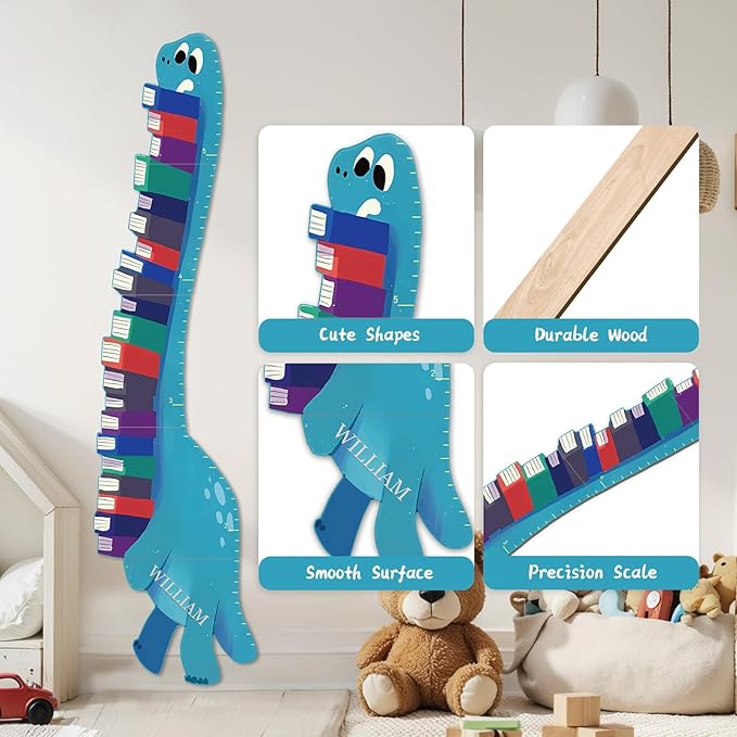 Personalized Name Growth Chart for Wall, Dinosaur Book Wooden Growth Chart Kids Height Chart, Wall Measurement for Kids, Height Chart for Wall, Growth Ruler for Toddler Playroom Decor