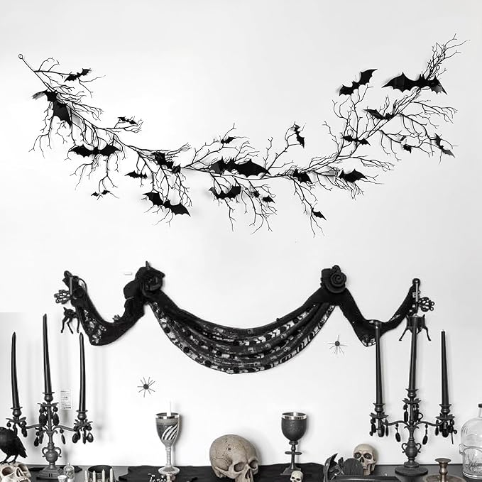 Gothic Halloween Banner: 1pc Haunted Bat Dark Dead Branch Halloween Party Banner with LED Lights, Decorative Bat Vine Twig Garland Decorations for Home Wall Mantel Doorways Front Decor