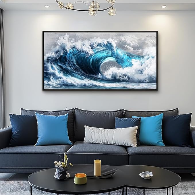 PHAOHUAXM Large Canvas Wall Art For Living Room Wall Decor For Bedroom Ocean Inspiration Wall Pictures Office Mural Decorations Posters Blue Wave Paintings Modern Home Decor Black Framed 24x48 In
