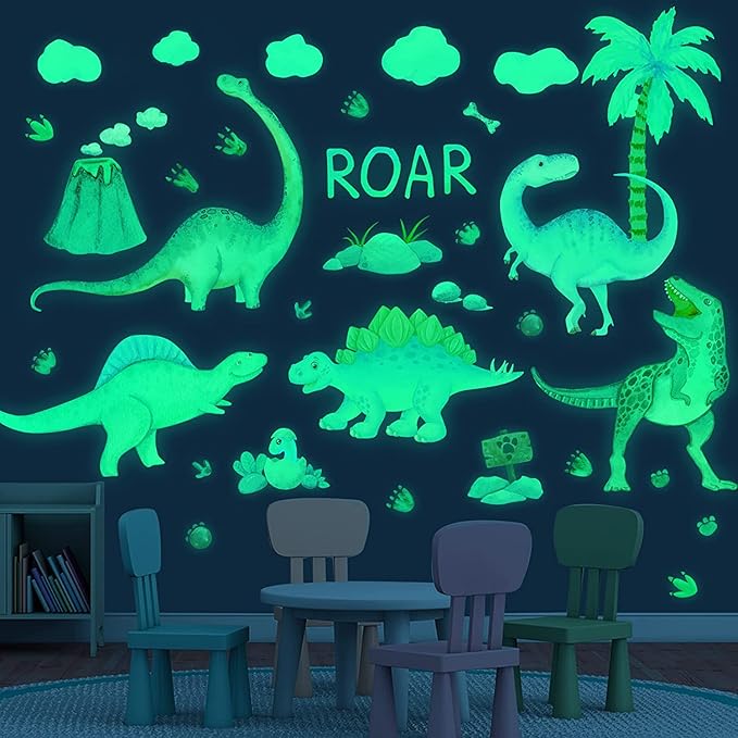 Dinosaur Wall Decals Glow in The Dark Dinosaur Wall Stickers Watercolor Dinosaur Decal Large Removable Vinyl Dino Wall Decals for Boys Bedroom Kids Girls Nursery Playroom Living Room Wall Decor Green