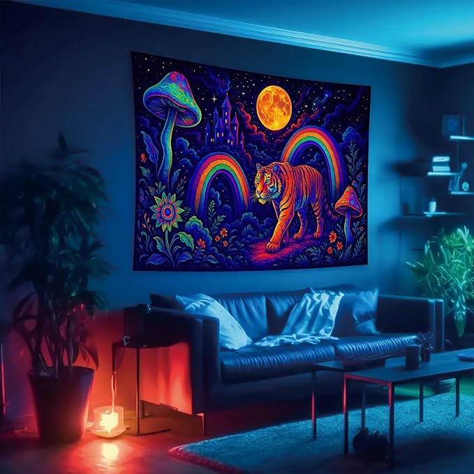 Starlit Patio Psychedelic Tiger Blacklight Tapestry UV Reactive Wall Hanging Rainbow Mushrooms Castle and Moon for Bedroom Dorm Living Room Glowing Jungle Decor Fluorescent Trippy Poster 78 x 59 Inch