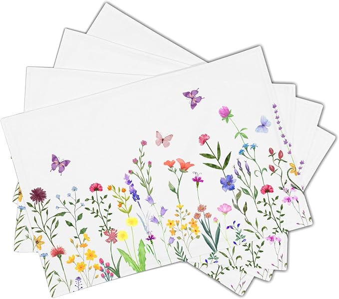 Spring Summer Floral Placemats Set of 4 Spring Easter Wild Flower Butterfly Washable Non-Slip Heat Resistant Place Mats 12x18 Inch Linen Table Mats for Kitchen Dining Party Decor