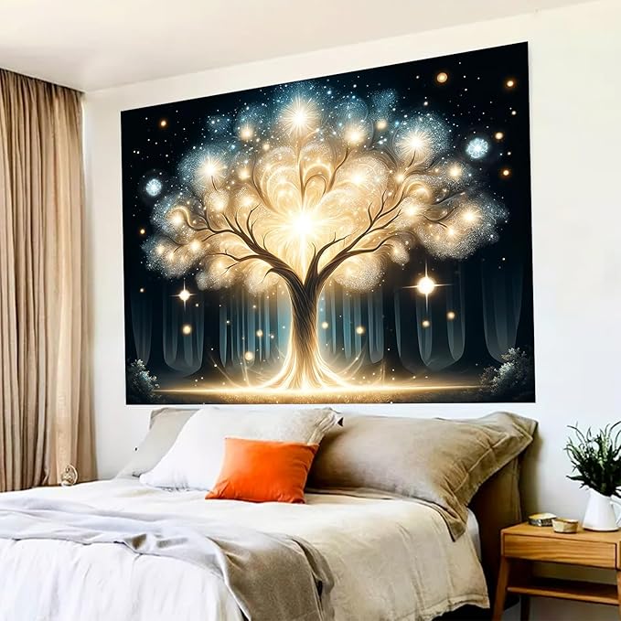 BlissYard Glowing Spirit Tree UV Black Light Tapestry 78x59 Inches Art Color Neon Light Background Bedroom Living Room Wall Party Decoration Fantasy Magical Forest Luminous Tree of Life Backdrop