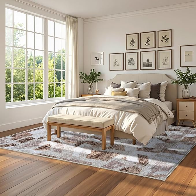 Modern Abstract 6X9 Area Rug for Living Room Bedroom Washable, with Non-Slip Rubber Backing Print Faux Wool Thin, Brown Throw Large Carpet for Kids Playroom Dining Room Pet & Child Friendly