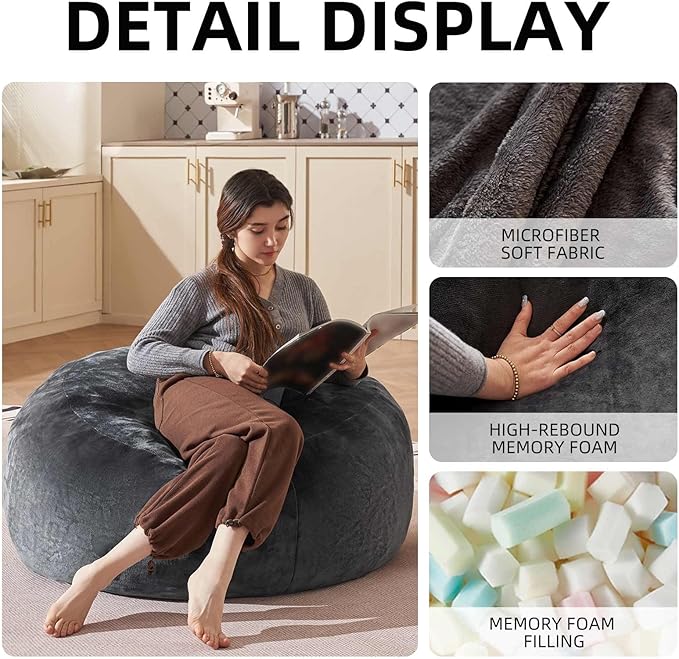 Bean Bag Chair 3Ft, Memory Foam Filled, Large Beanbag Chairs for Adults and Teens, Soft Sofa with Removable Flannel Cover, Round Couch for Living Room Bedroom College Dorm (Dark Gray, 3FT-36×36"×24")