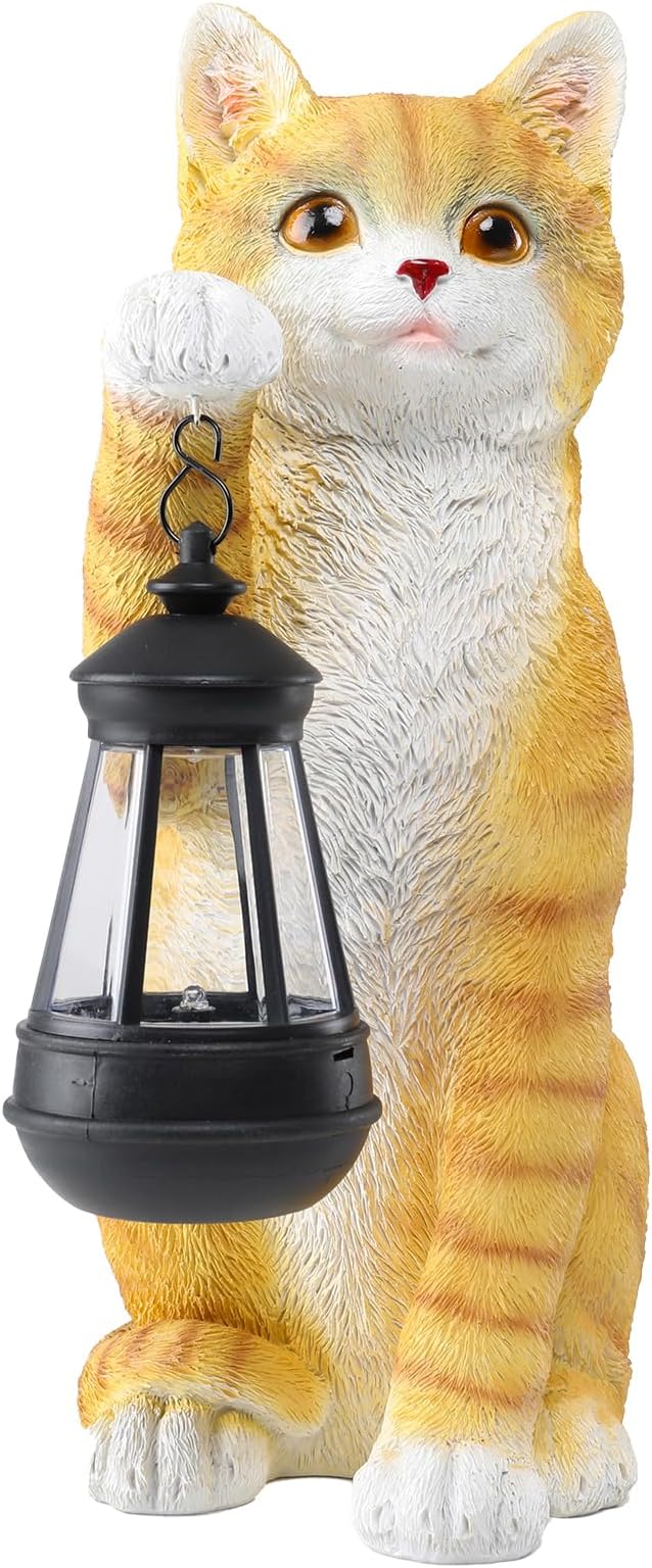 Solar Powered Outdoor Cat Garden Statue, Crafted Garden Sculptures & Statues for Patio, Yard, Lawn, Gardening Gifts for Women and Mom(11" Cat)