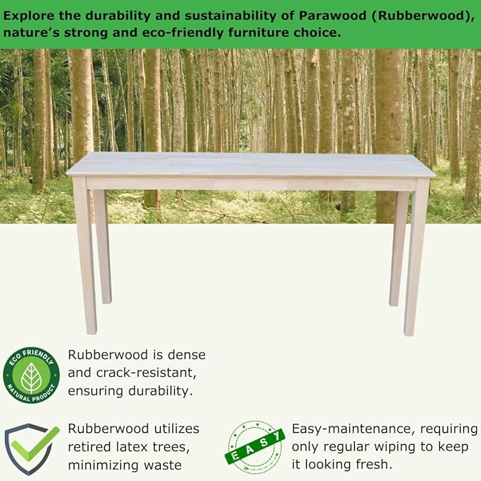 IC International Concepts Extended Length Shaker Console Table, 60" W x 16" D x 30" H Real/Solid Parawood, Kitchen/Dining, 50 Lbs. Wt. Capacity, DIY, Paint/Stain In Any Color, Unfinished