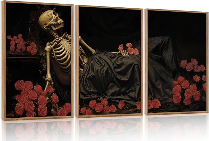 Aurlan Gothic Skeleton Roses Framed Wall Art(16"x24"), 3PCS Romantic Halloween Skull Flowers Canvas Artwork, Dark Moody Goth Mystical Creepy Decor for Home Office Bedroom