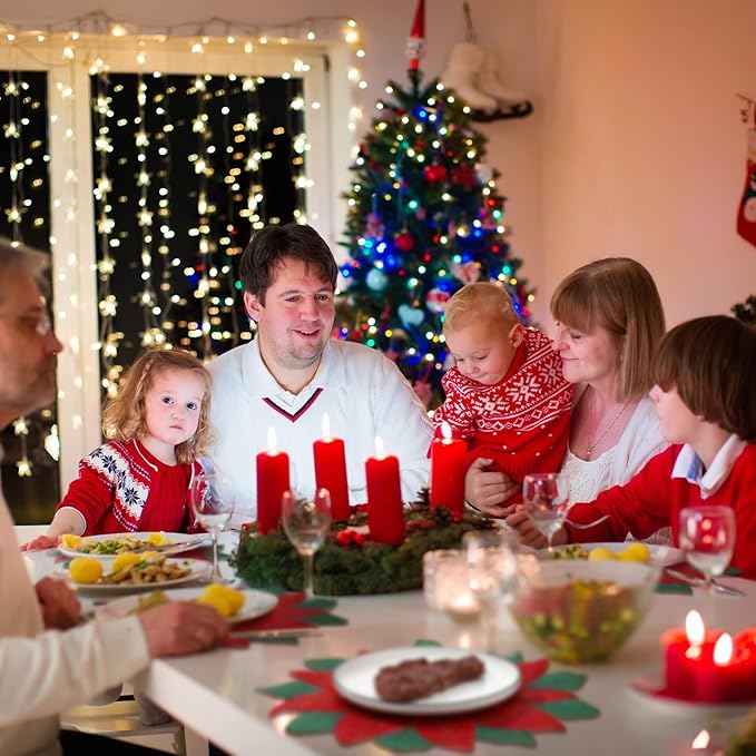 Christmas Placemats Set of 6 Christmas Embroidered Placemats 14 x 14 Inch Red Round Double Layer Applique Poinsettia Xms Flower Place Mat Table Decorations for Home Dining Holiday