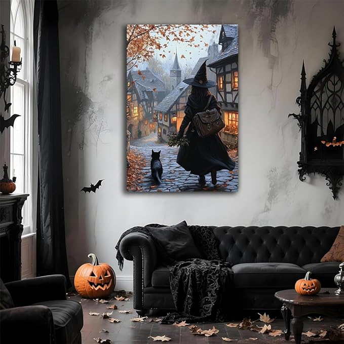 Autumn Witch And Black Cat Picture Wall Decor,Halloween Canvas Vintage Rustic Wall Art,Preppy Bedroom Living Room Bathroom Poster Print,16"x24" Unframed