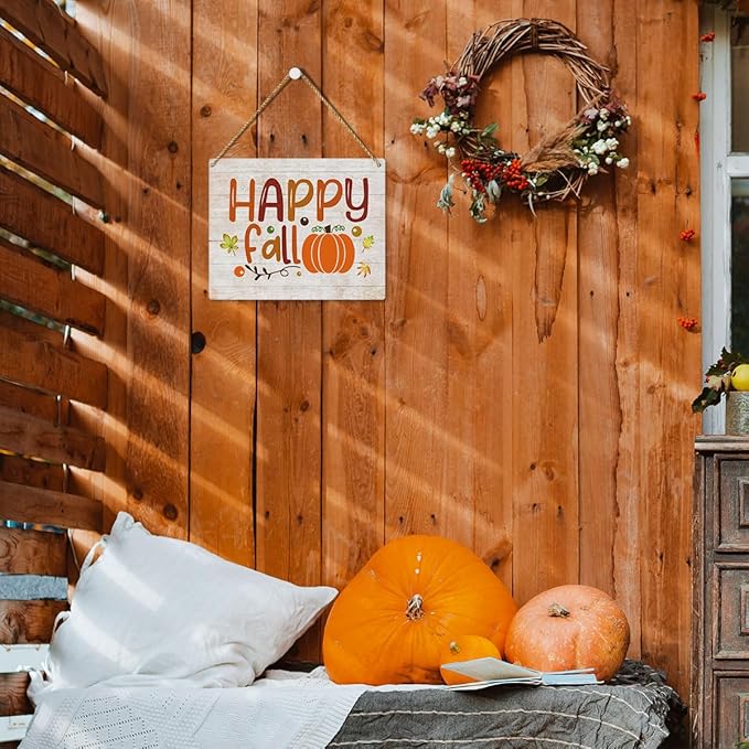 MIGUMUTU Rustic Farmhouse Fall Signs Door Wall Hanging Decor, Fall Room Home Decor, Pumpkin Decor Fall Decoration for Home, Happy Fall Sign Wall Decor for Home Office 12 X 12 Inch