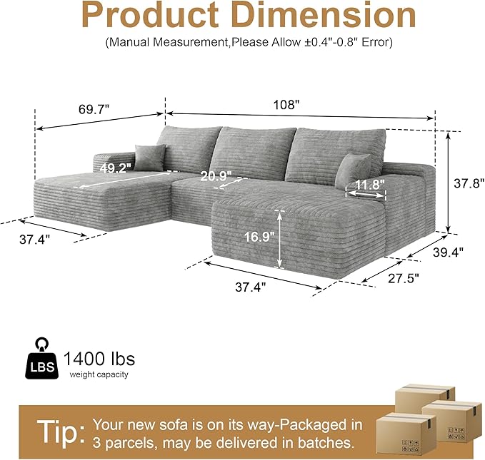 108" Sectional Couches for Living Room Modern Modular Sofa with L-Shape Couchs Upholstered Boneless Couch Deep Seat Sectional Couch with Chaise (Grey, Left Facing Chaise+2Seaters+1Ottoman)