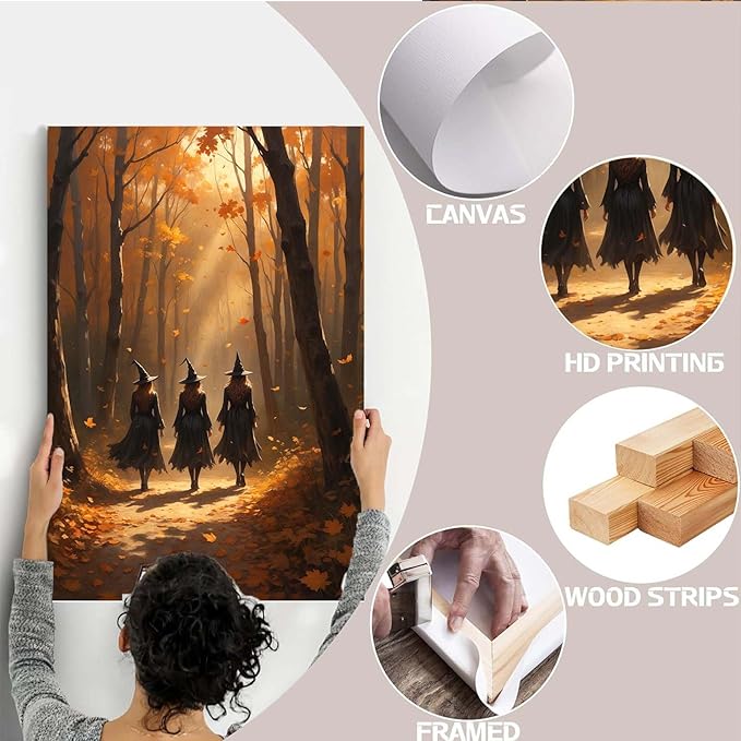 Three witches walking in the forest in autumn canvas painting gothic poster halloween print country witch wall art for home decoration12x16in Wood Framed