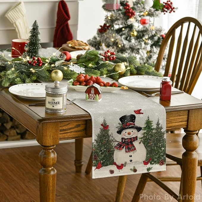 Artoid Mode Snowman Birds Trees Christmas Table Runner, Seasonal Silver Winter Holiday Kitchen Dining Table Decoration for Home Party Decor 13 x 36 Inch