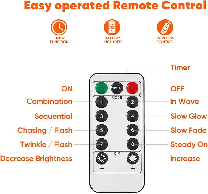 4 Pack 65.6 Ft. Battery Operated Outdoor String Lights with Remote & Timer, LED Orange Fairy Lights, Waterproof Twinkle Lights for Bedroom, Dorm, Mason Jar, Wedding, Party, Christmas