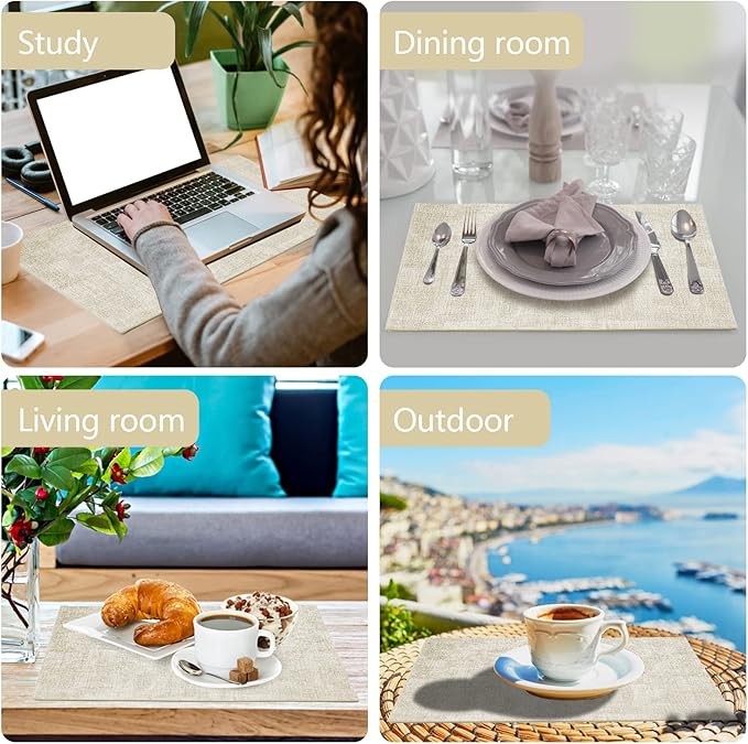 Faux Leather Placemats Set of 6,Heat Resistant Placemats for Dining Table, Easy Clean Non-Slip Place Mats, Waterproof Stain Resistant Wipeable Washable PU Table Mats, (Beige)