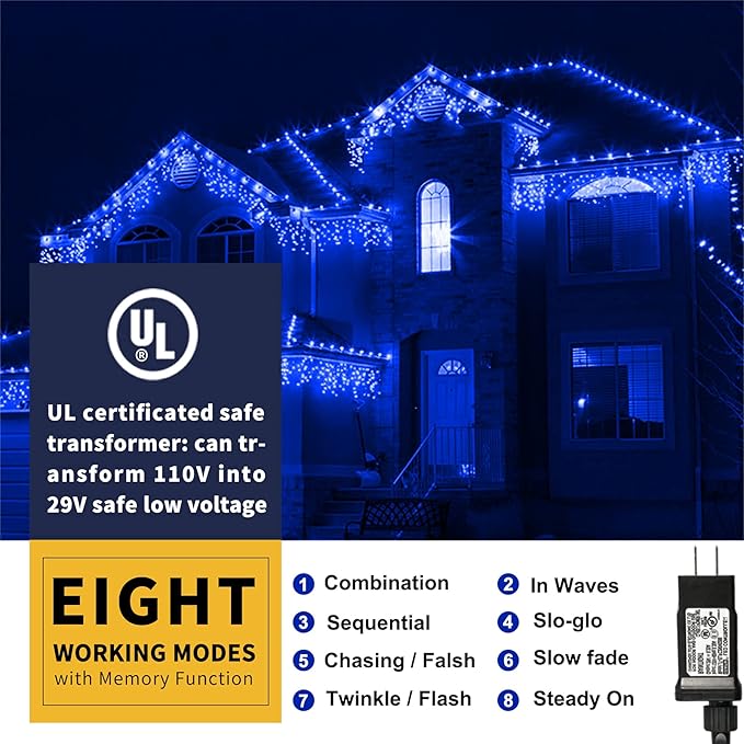 XTF2015 105ft 300 LED Christmas String Lights, End to End Plug 8 Modes Christmas Lights UL Certified Outdoor Indoor Fairy Light Christmas Tree, Patio, Garden, Party, Wedding, Holiday (Blue)