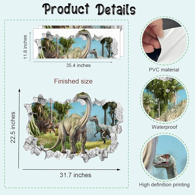 Large 3D Dinosaur Wall Stickers (31.7”x 22.5”), Dino Broken Hole Vinyl Wall Decals, Removable Forest Dinosaur Animal Wall Art for Kids Boys Bedroom Playroom Decor