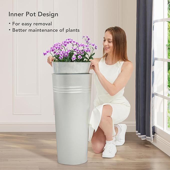 KOL 28'' Tall Galvanized Steel Planter Pot - Flower Pot with Water Level Indicator for Plants - 2-Pack Self Watering Planters - Round Silver Powder Metal Planter Box - Indoor Outdoor Grande Plant