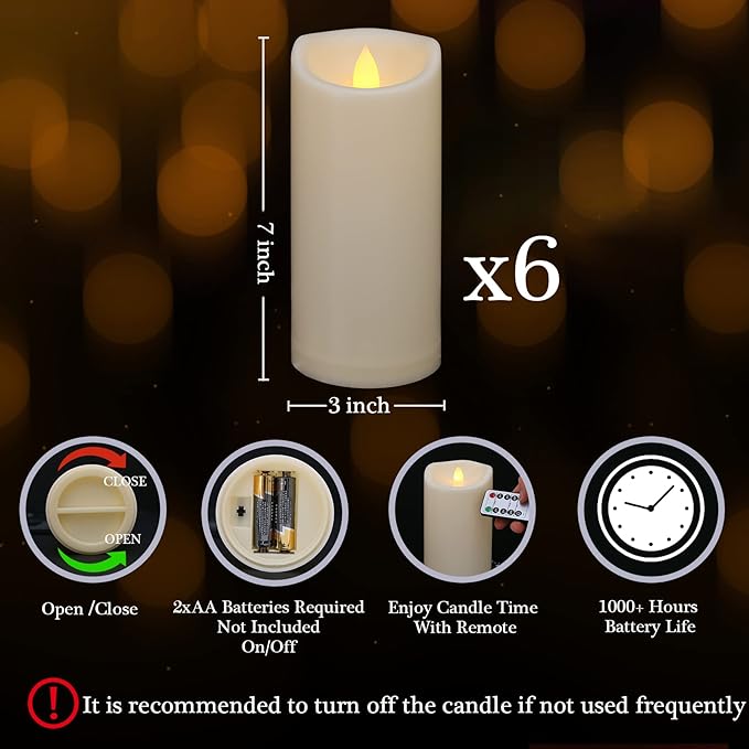 6 Pack 3"x7" Outdoor Waterproof Flameless Candles with Remote and Timer, Battery Operated Flickering LED Pillar Candles for Wedding Halloween Lantern Decoration, Ivory Plastic