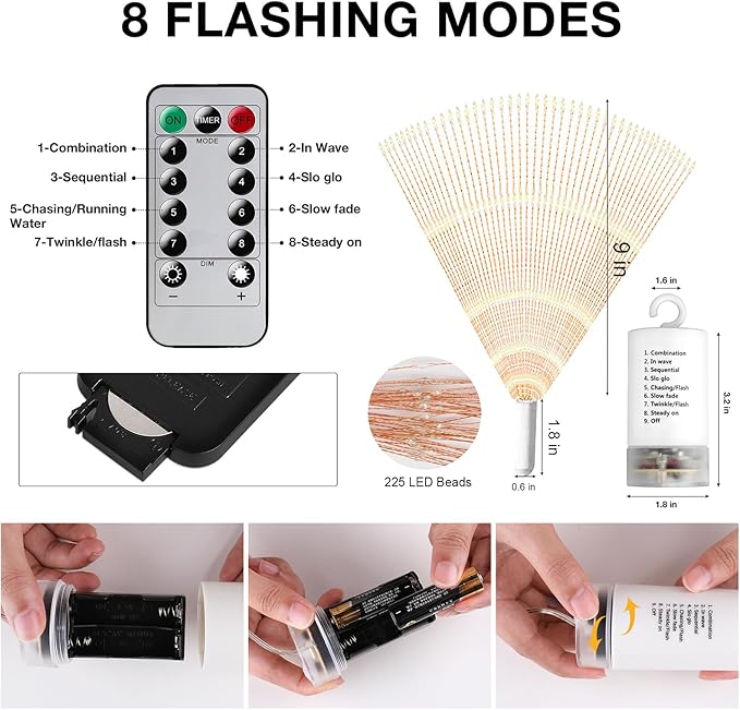 Techip 4 Pcs 225Led Lights Battery Operated Fairy Lights Copper Wire with Remote 8 Modes Wedding Hanging String Lights Christmas Decorative Lights Outdoor Indoor Decoration,Warm White