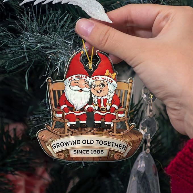 Customized Old Couple Gnome Sitting On Rocking Chairs Growing Old Together Christmas Ornament 2025, Personalized Text Shaped Xmas Ornament Gift for Mr Mrs Dad Mom/Grandparents, Anniversary Ornaments