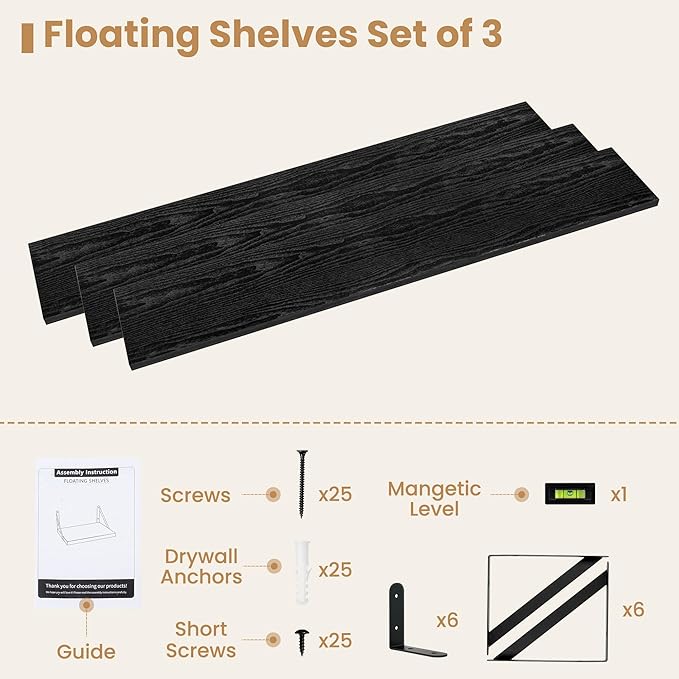 Heimlove 48 Inch Large Floating Bookshelves Set of 3,Black Wall Mounted Bookshelves,Heavy Duty Wooden Shelves for Living Room,Bedroom,Kitchen,Laundry Room Storage & Decor