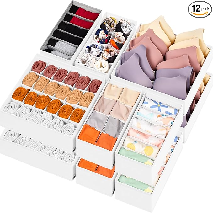 12 Pack Drawer Organizers for Clothing, 116 Large Compartments Fabric Dresser Closet Organizers and Storage Bins for Baby Clothing, Women Men Underwear Socks, Bra, Ties, College Dorm Room Essentials