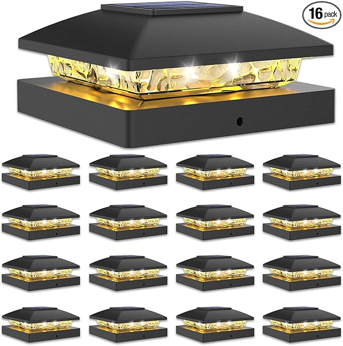 VOLISUN 4x4 Solar Post Cap Light 16pack,Solar Fence - Post Lights Outdoor Waterproof for Wooden/Vinyl Post, White Deck Post Cap Light Solar Powered with Warm White for Garden/Patio/Porch, Black